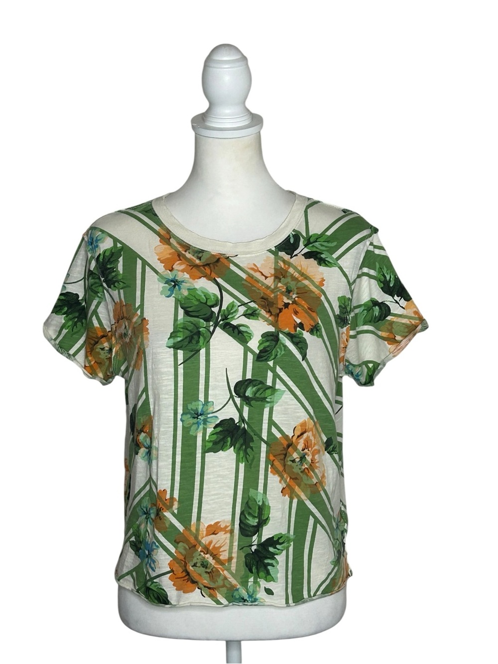 Maeve Anthropologie Green Orange EUC Floral Stripe Short Sleeve Tee Sz S Boho